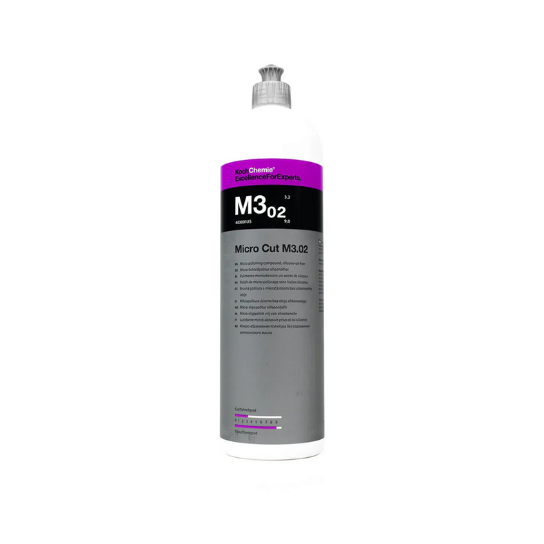 1L Koch-Chemie M3.02 Micro Cut polish removes fine scratches, holograms, and sanding marks up to P3000 grit.