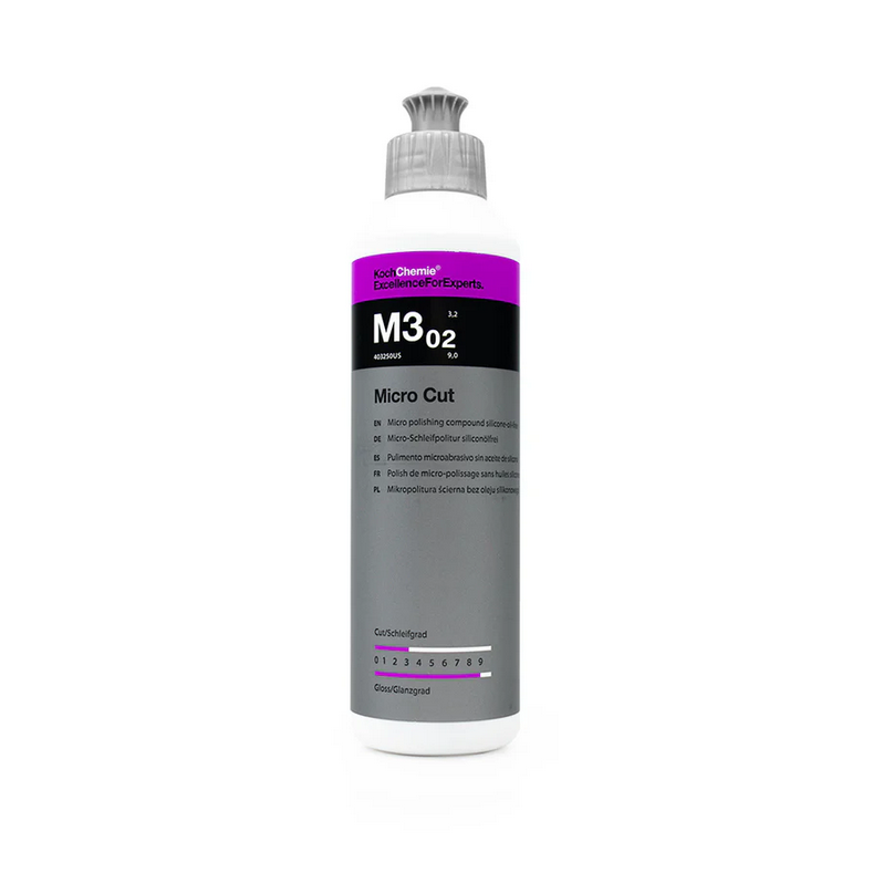 250ml Koch-Chemie M3.02 Micro Cut polish removes fine scratches, holograms, and sanding marks up to P3000 grit.