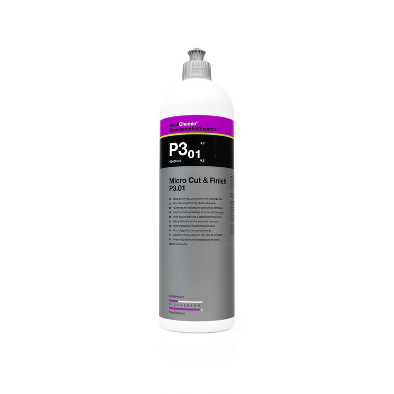 1L Koch-Chemie Micro Cut & Finish P3.01 removes fine scratches up to P3000, seals, and adds gloss on all paint systems.