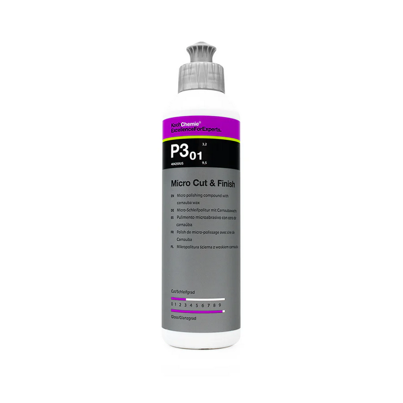 250mL Koch-Chemie Micro Cut & Finish P3.01 removes fine scratches up to P3000, seals, and adds gloss on all paint systems.