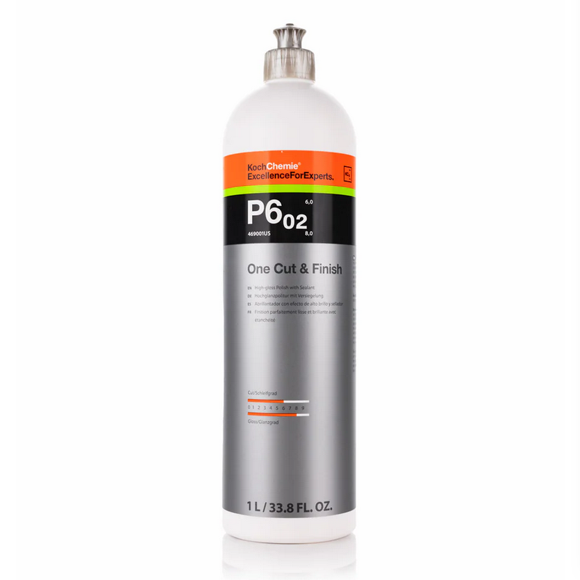 1L Koch-Chemie One Cut & Finish P6.02 machine polish removes scratches from P2000+, seals, and delivers high gloss finish.