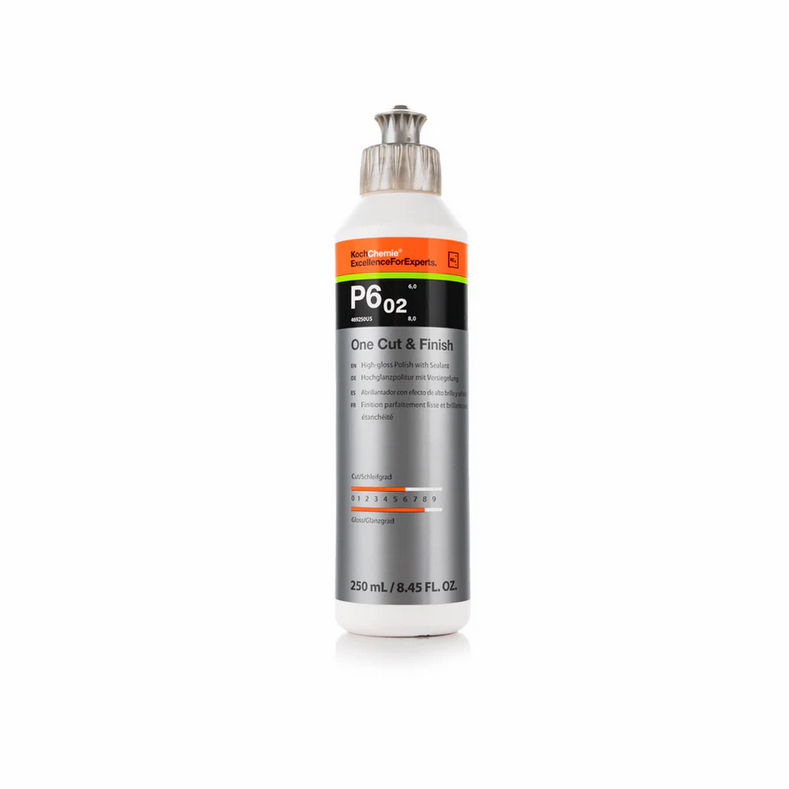 250mL Koch-Chemie One Cut & Finish P6.02 machine polish removes scratches from P2000+, seals, and delivers high gloss finish.