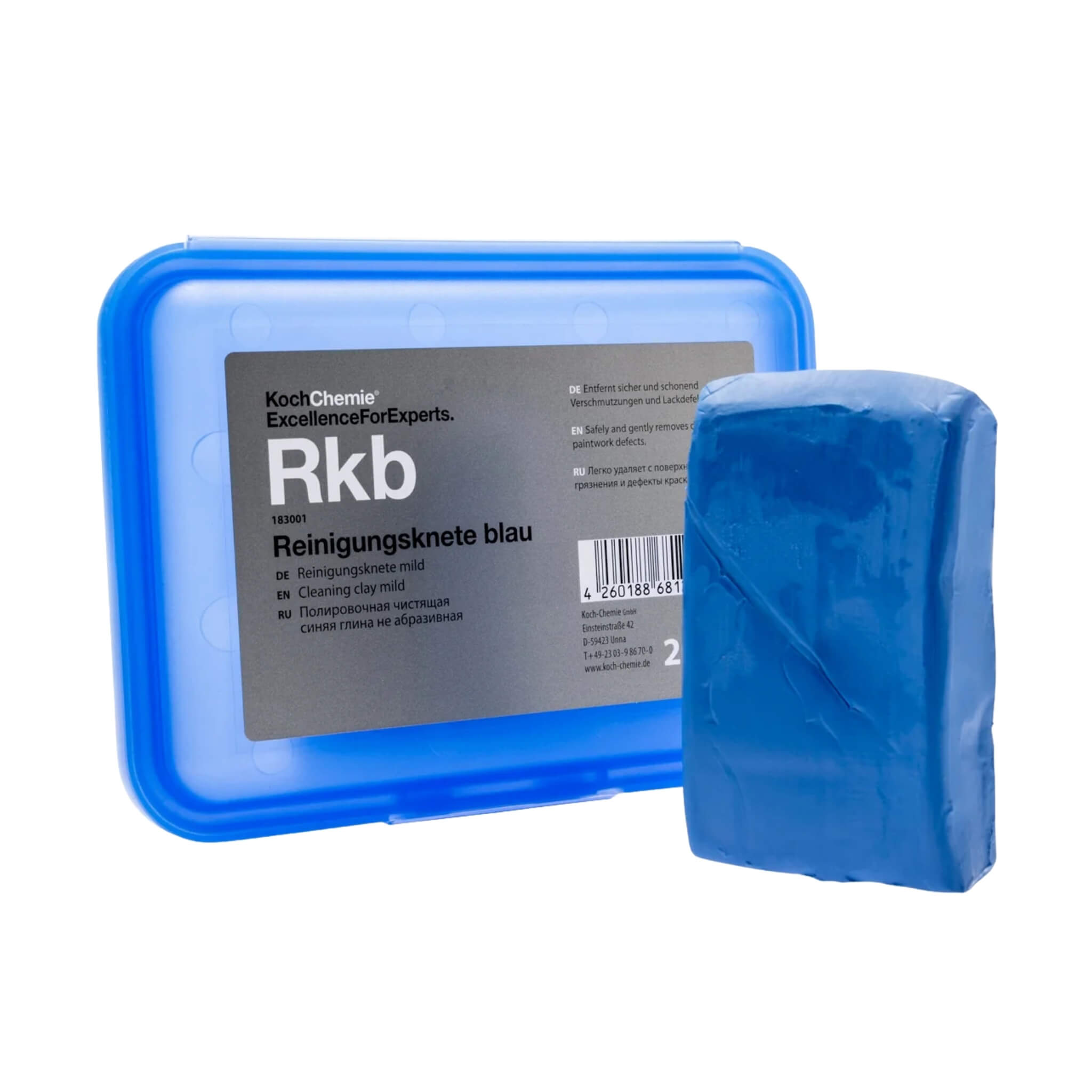 Koch-Chemie Clay Bar Blue Mild 200g, removes stubborn deposits like resin, tar, and brake dust gently from paint and glass.