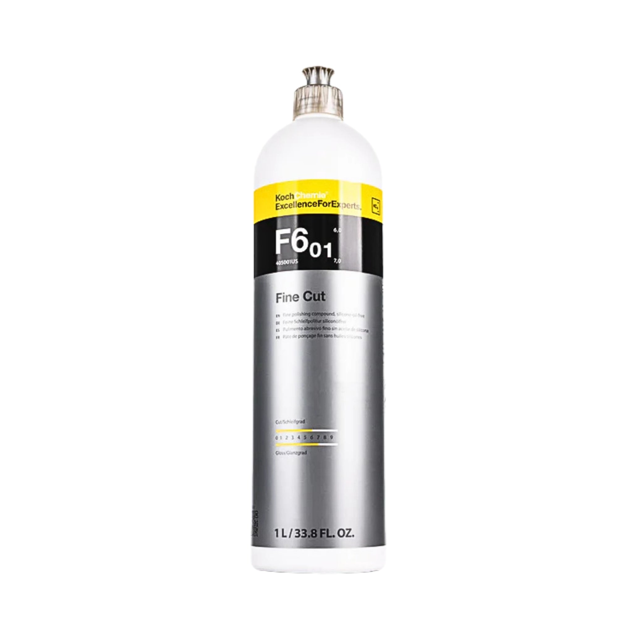 1L Koch-Chemie F6.01 Fine Cut polish for eliminating swirl marks and light scratches, restoring high-gloss finishes.