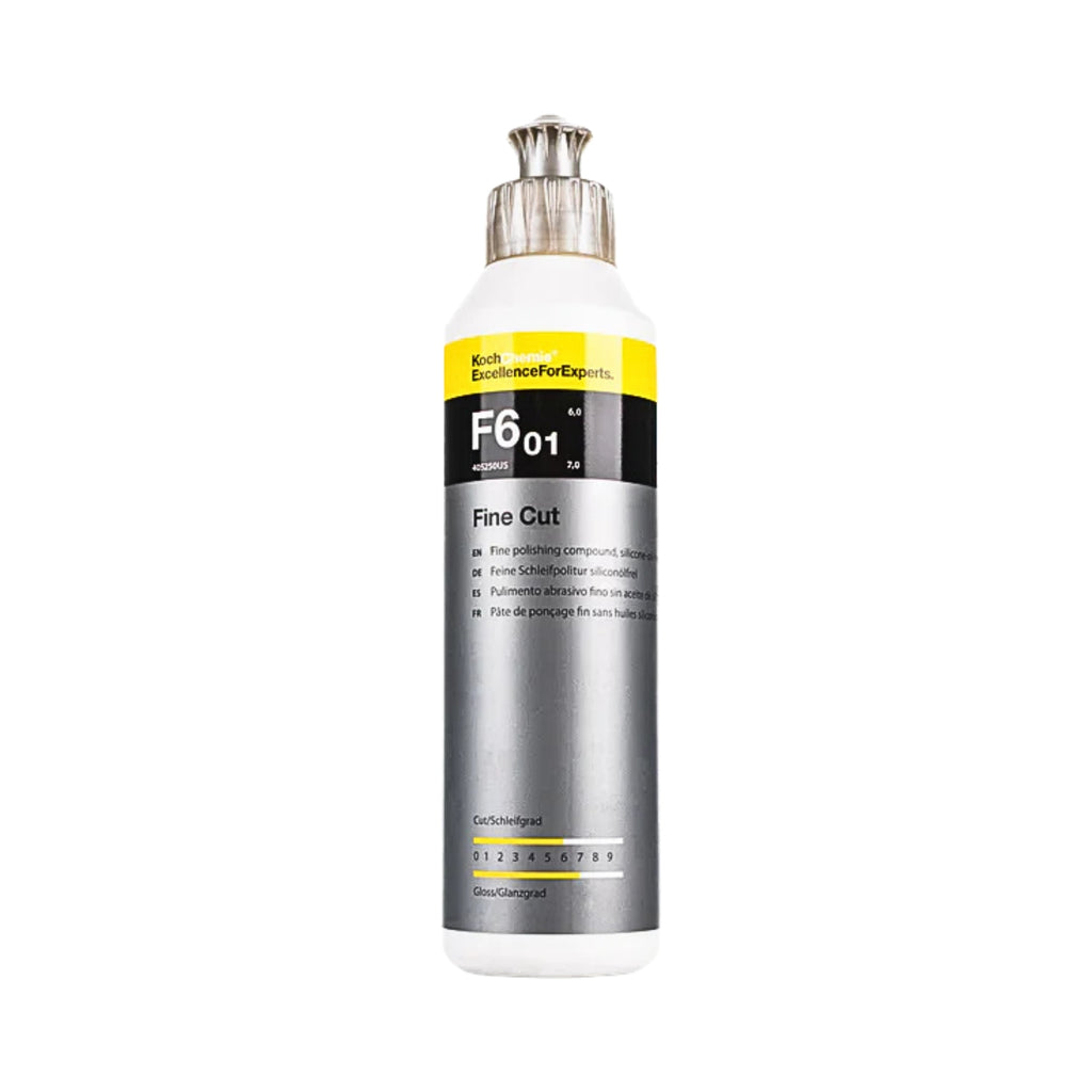 250ml Koch-Chemie F6.01 Fine Cut polish for removing moderate paint defects and restoring gloss on automotive surfaces.