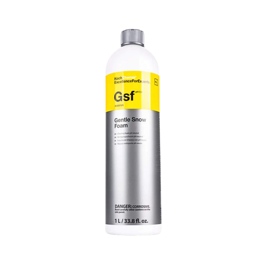 1L Koch-Chemie Gentle Snow Foam, pH-neutral cherry-scented pre-wash and shampoo for safe, effective vehicle cleaning.