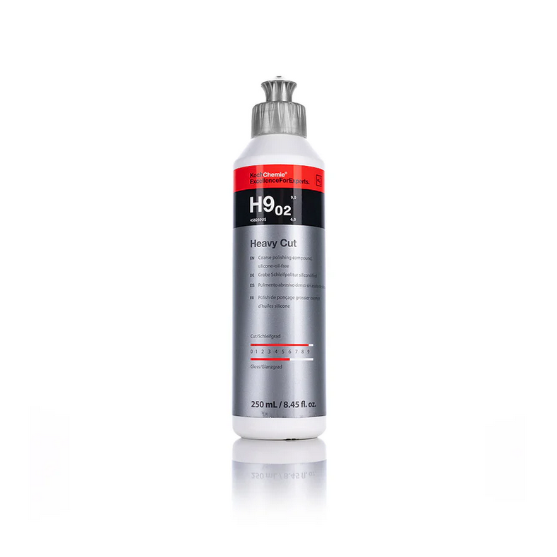 250mL Koch-Chemie Heavy Cut H9.02 coarse polishing compound, silicone-oil-free for fast, effective paint correction.