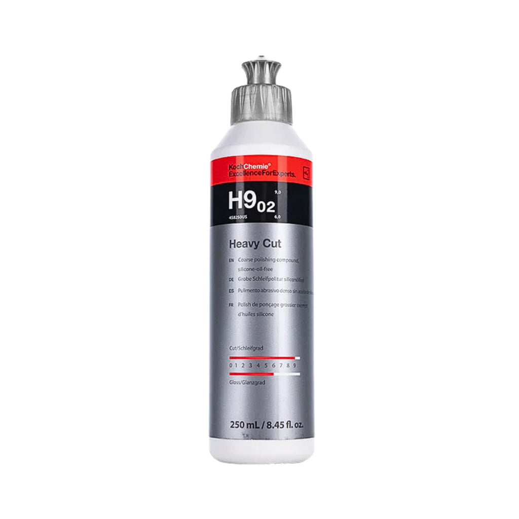 250mL Koch-Chemie Heavy Cut H9.02 coarse polishing compound, silicone-oil-free for fast, effective paint correction.