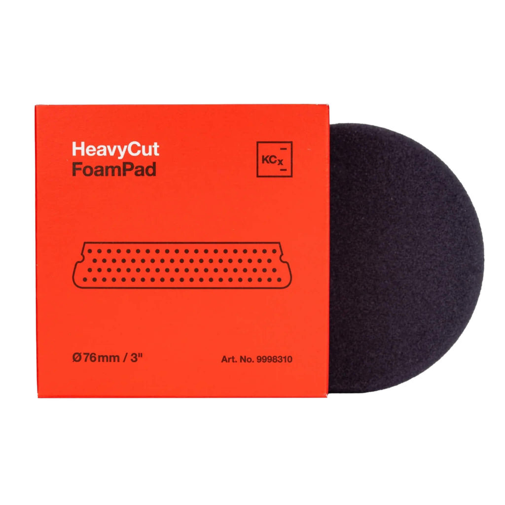 3-inch Koch-Chemie Heavy Cut Pad, high-abrasion foam designed to remove deep scratches and heavy paint defects effectively.