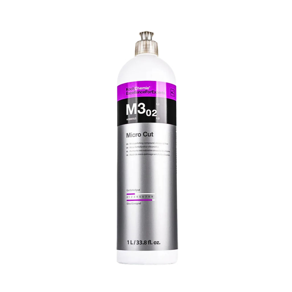 1L Koch-Chemie M3.02 Micro Cut polish removes fine scratches, holograms, and sanding marks up to P3000 grit.