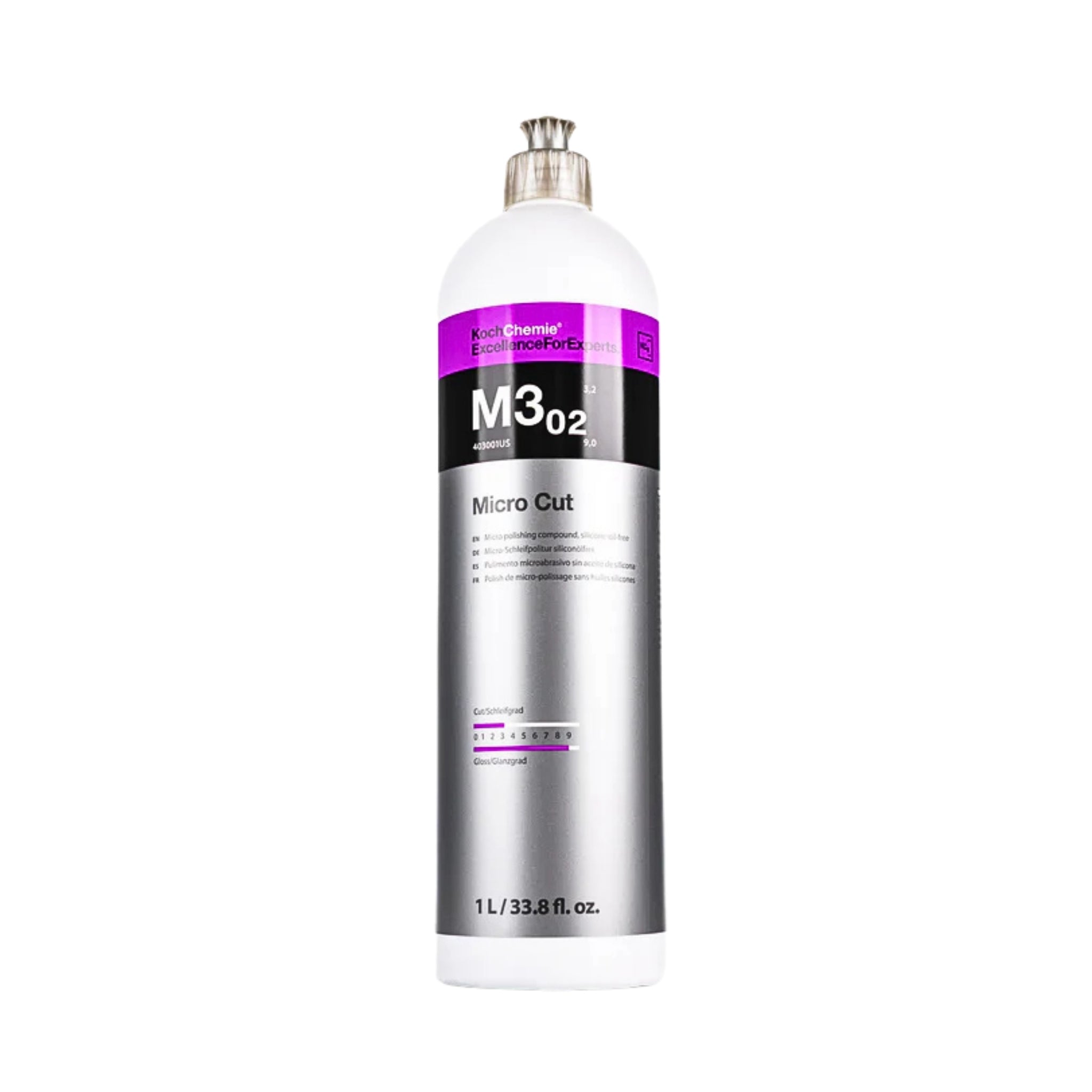 1L Koch-Chemie M3.02 Micro Cut polish removes fine scratches, holograms, and sanding marks up to P3000 grit.