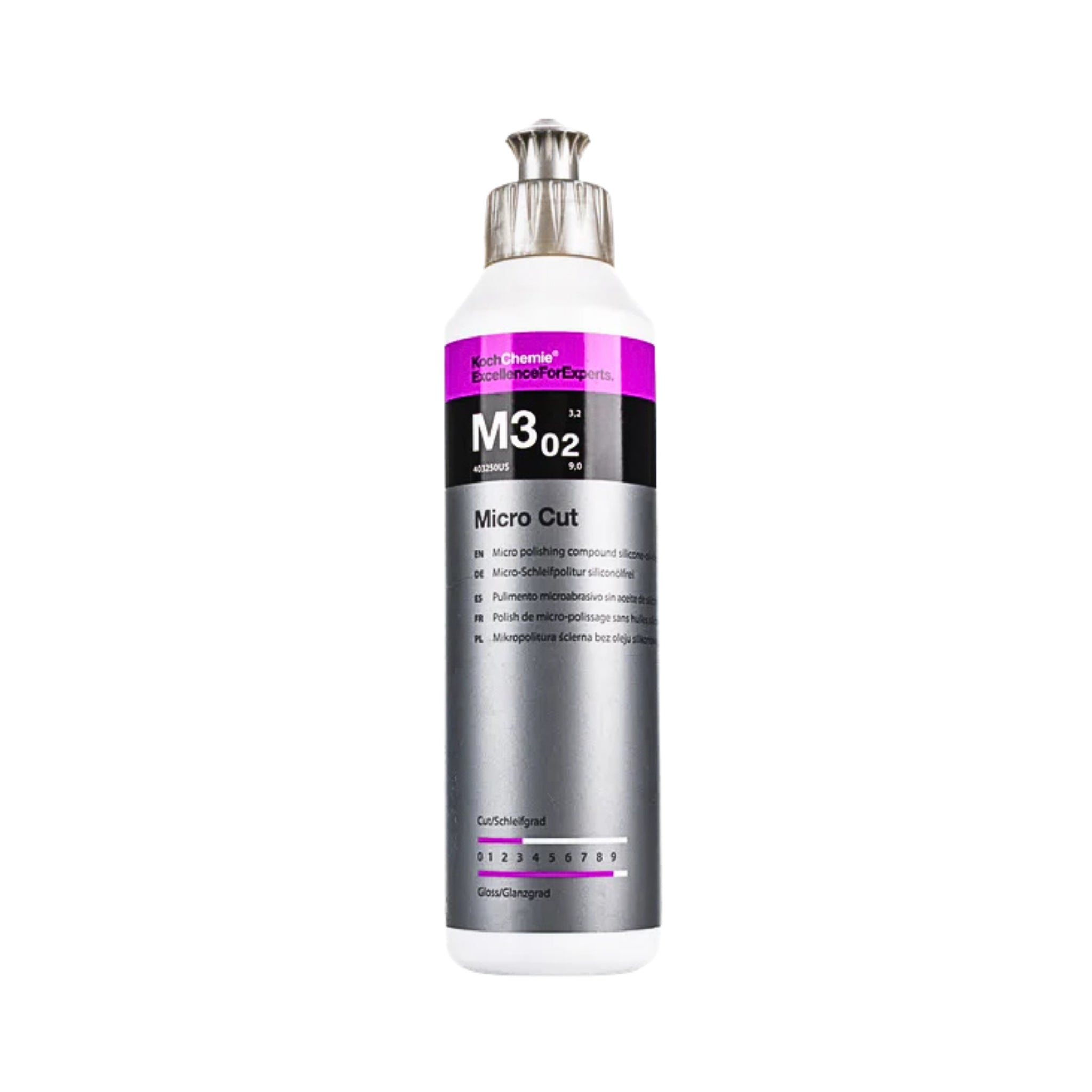 250ml Koch-Chemie M3.02 Micro Cut polish removes fine scratches, holograms, and sanding marks up to P3000 grit.