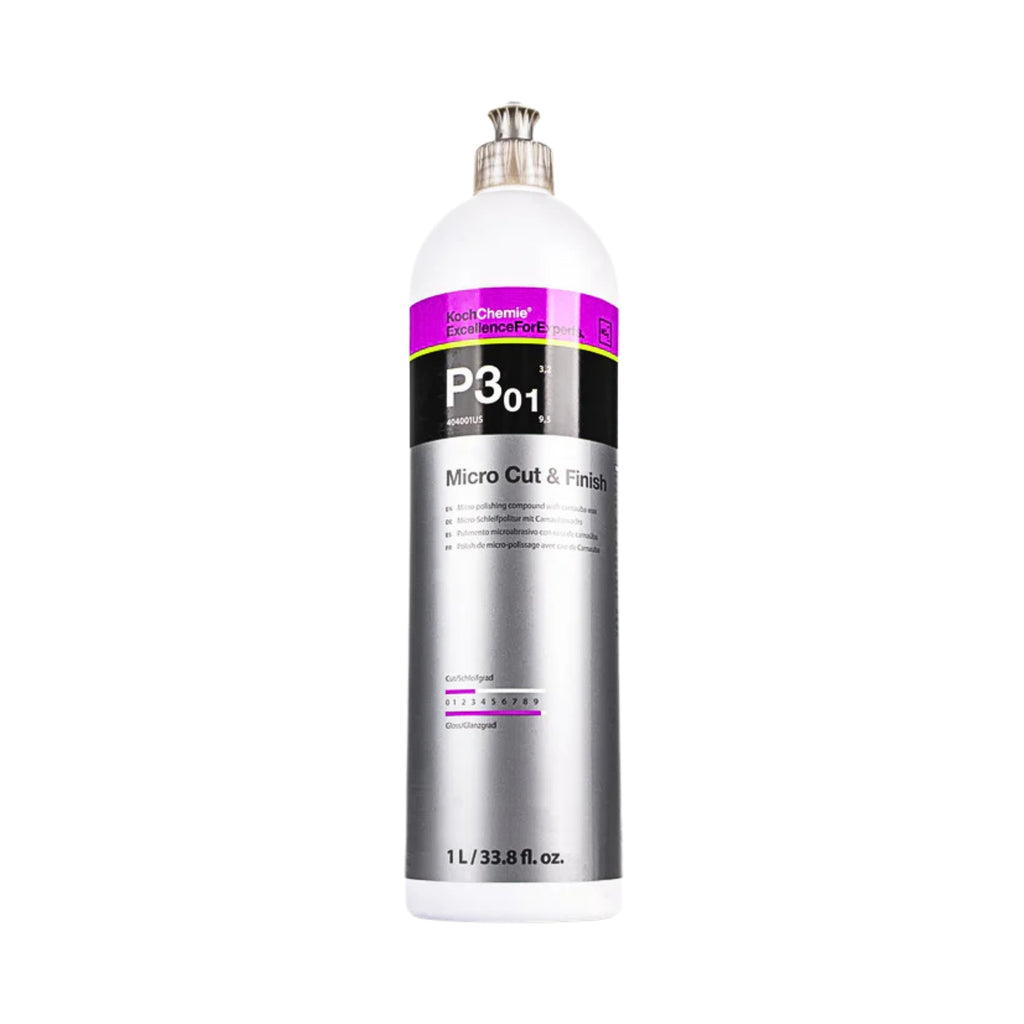 1L Koch-Chemie Micro Cut & Finish P3.01 removes fine scratches up to P3000, seals, and adds gloss on all paint systems.