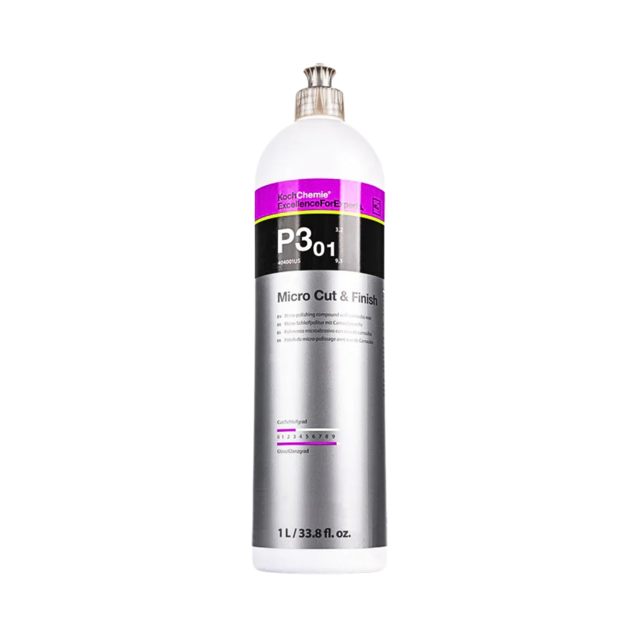 1L Koch-Chemie Micro Cut & Finish P3.01 removes fine scratches up to P3000, seals, and adds gloss on all paint systems.