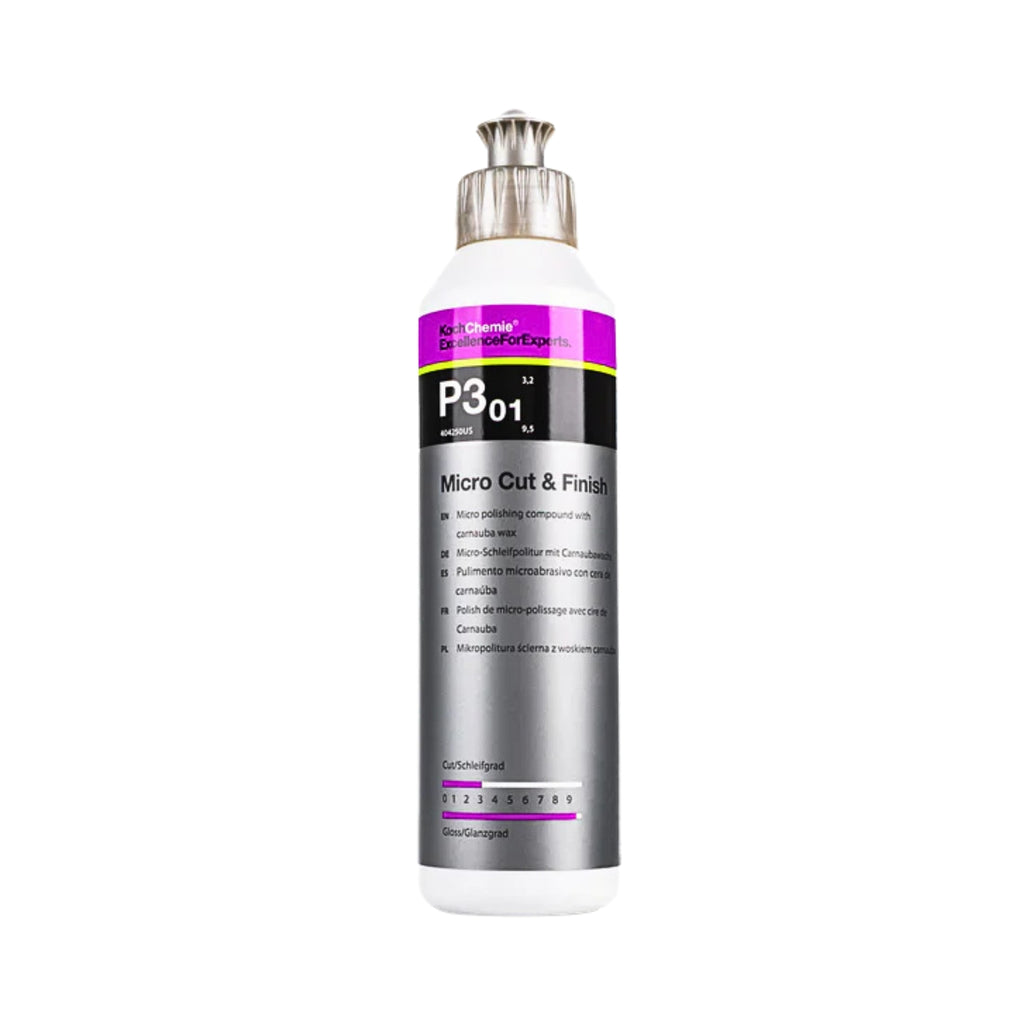250mL Koch-Chemie Micro Cut & Finish P3.01 removes fine scratches up to P3000, seals, and adds gloss on all paint systems.