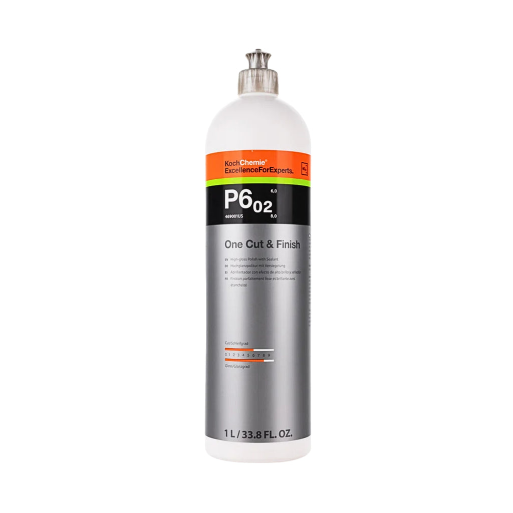 1L Koch-Chemie One Cut & Finish P6.02 machine polish removes scratches from P2000+, seals, and delivers high gloss finish.