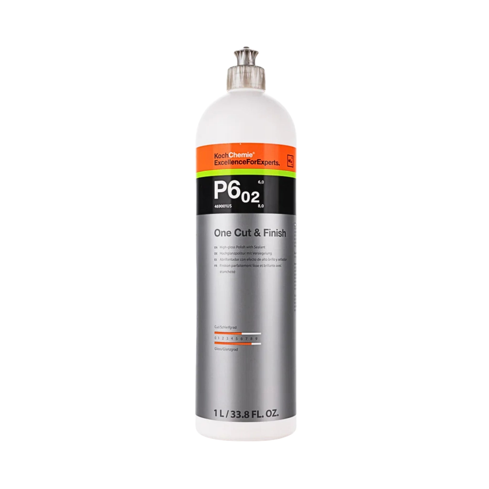1L Koch-Chemie One Cut & Finish P6.02 machine polish removes scratches from P2000+, seals, and delivers high gloss finish.