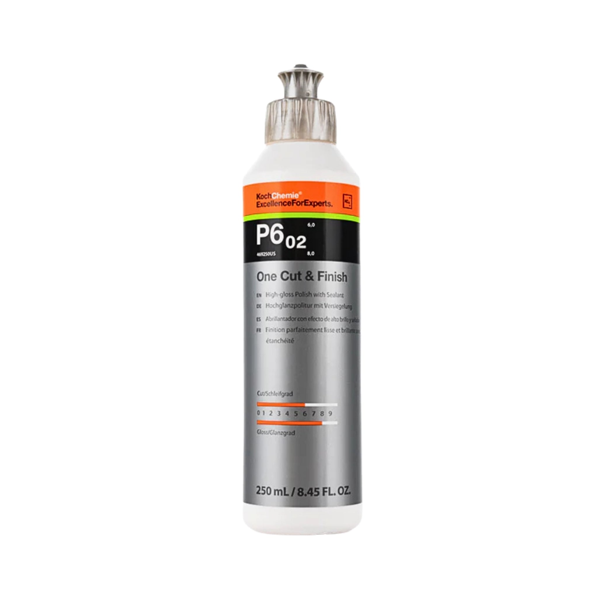 250mL Koch-Chemie One Cut & Finish P6.02 machine polish removes scratches from P2000+, seals, and delivers high gloss finish.