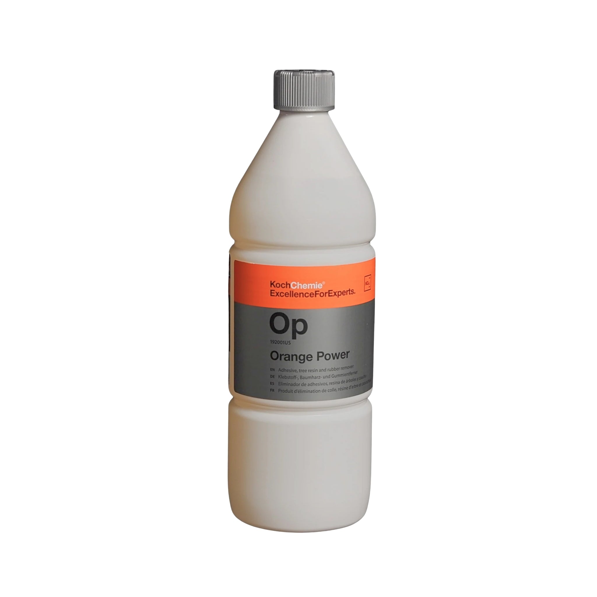 Koch-Chemie Orange Power 1L removes adhesives, grease, tar, and more from solvent-safe surfaces with a fresh orange scent.
