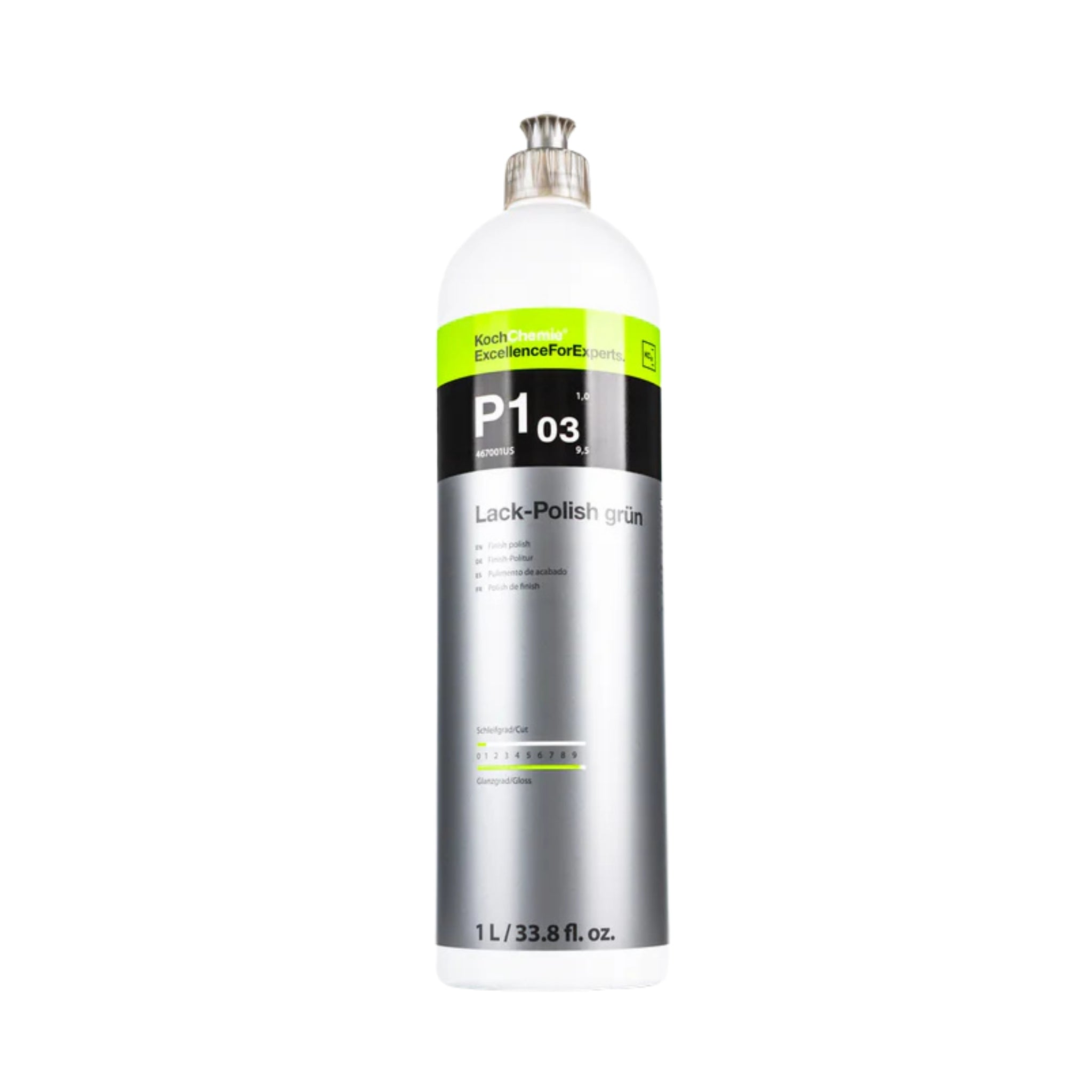 Koch-Chemie P1.01 Lack-Polish Grün protects and enhances paint with deep gloss and color, suitable for all paint types.