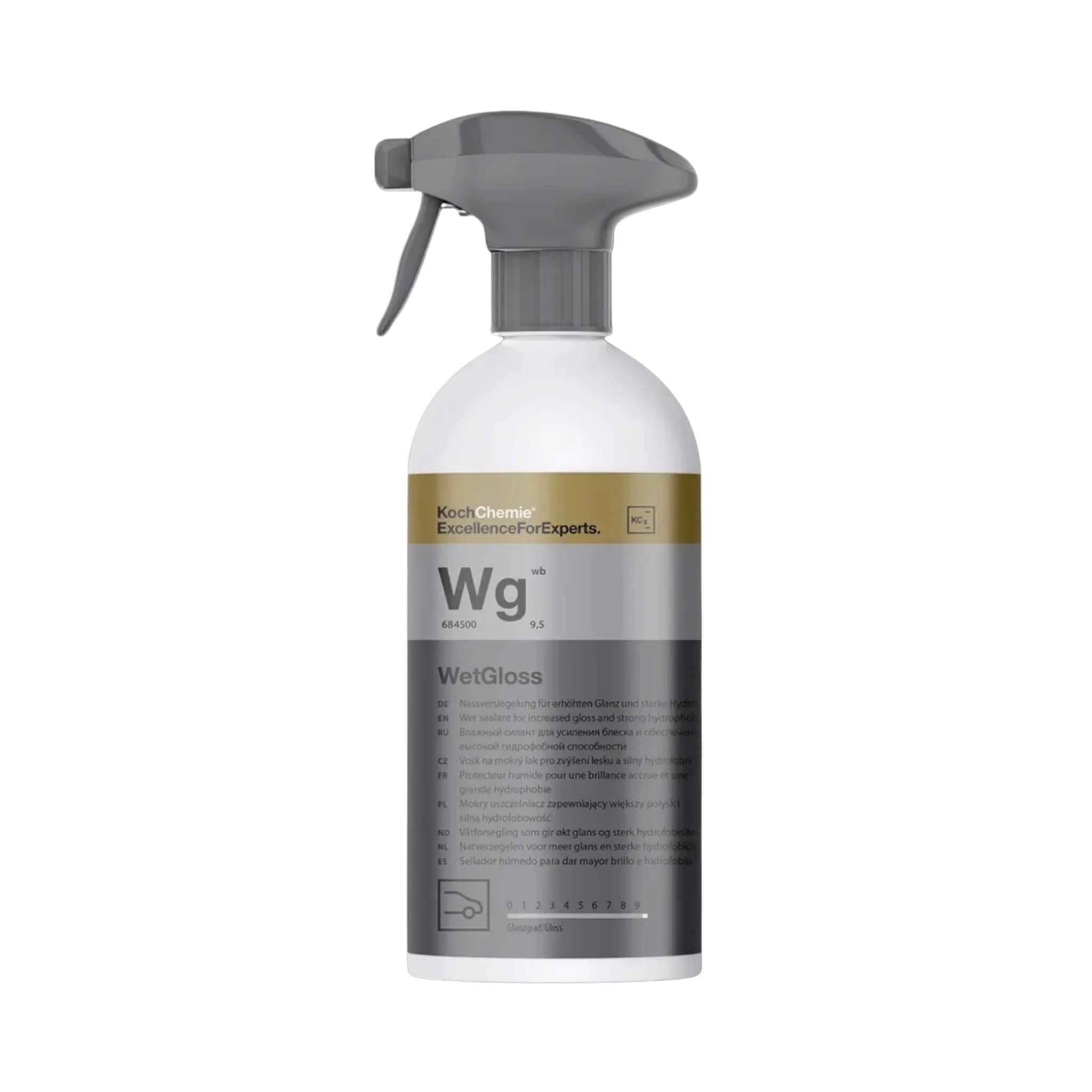 Koch-Chemie Wet Gloss rinse-off spray sealant for glossy paint protection and hydrophobic water beading.