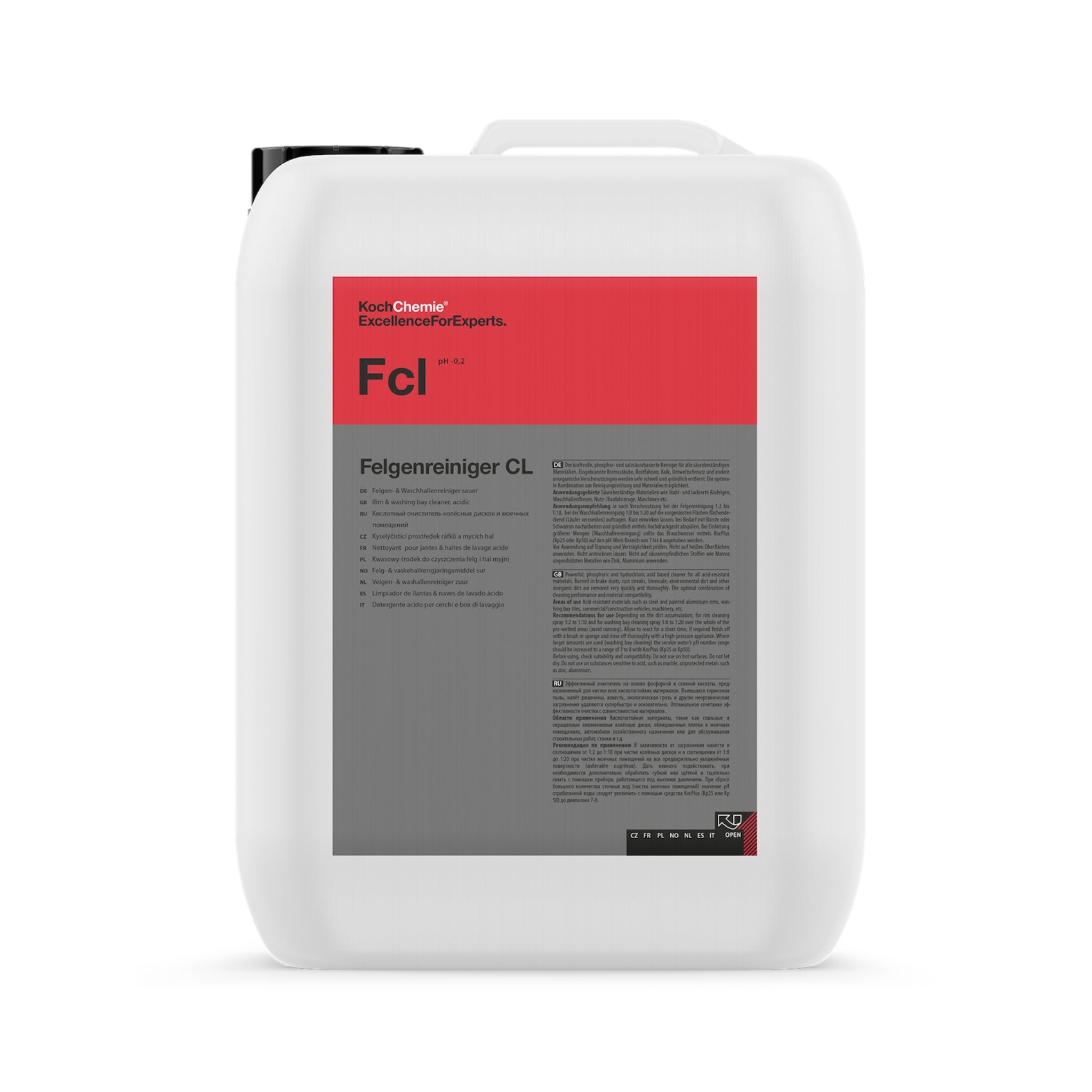 5L Koch-Chemie Wheel Cleaner FCL, acid-based powerful cleaner for acid-resistant rims, machinery, and industrial surfaces.