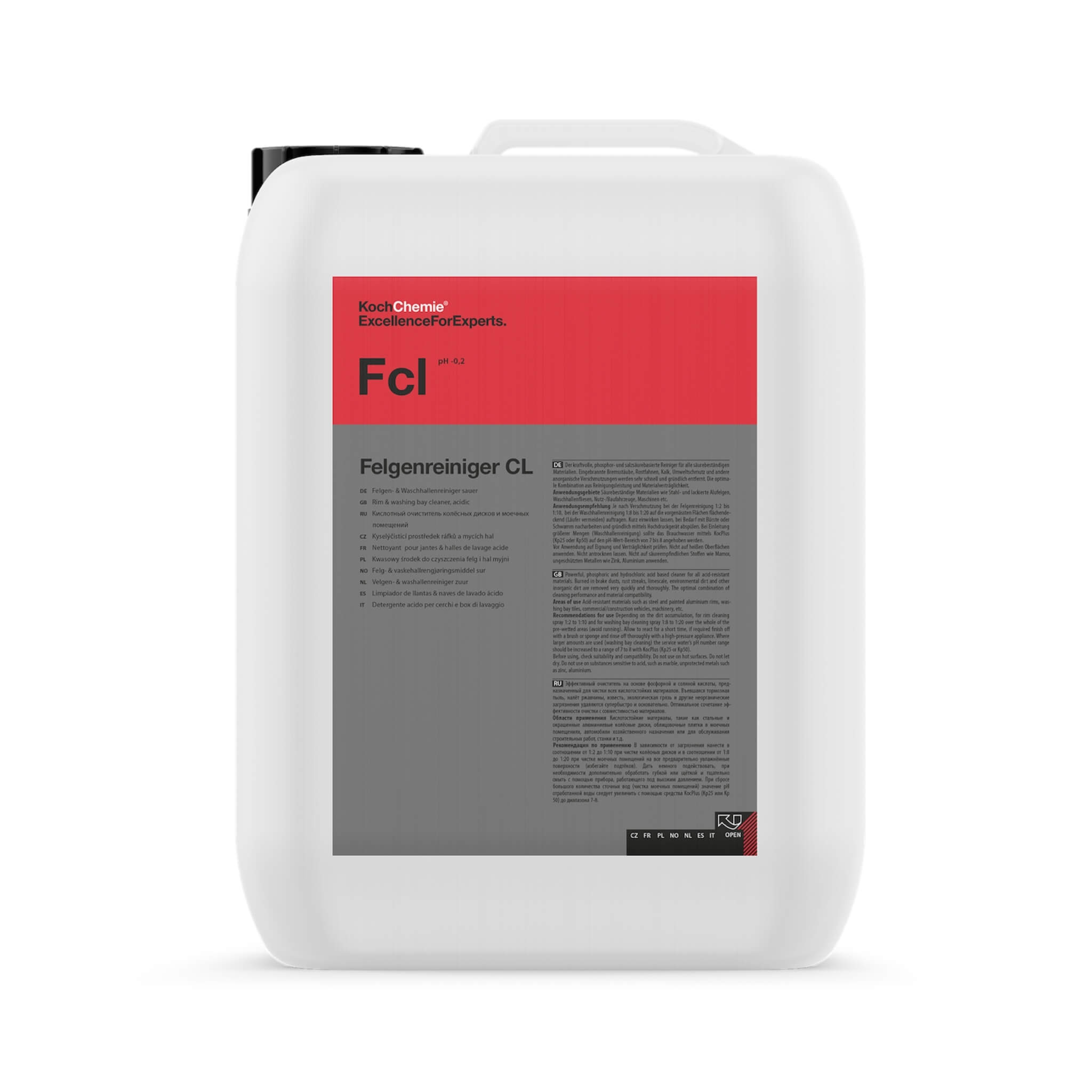 5L Koch-Chemie Wheel Cleaner FCL, acid-based powerful cleaner for acid-resistant rims, machinery, and industrial surfaces.