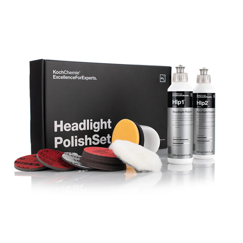 Koch-Chemie Headlight Polish Set restores clarity to foggy, yellowed headlights in two simple polishing steps.