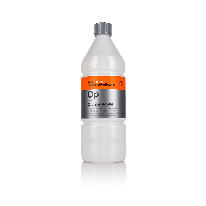Koch-Chemie Orange Power 1L removes adhesives, grease, tar, and more from solvent-safe surfaces with a fresh orange scent.