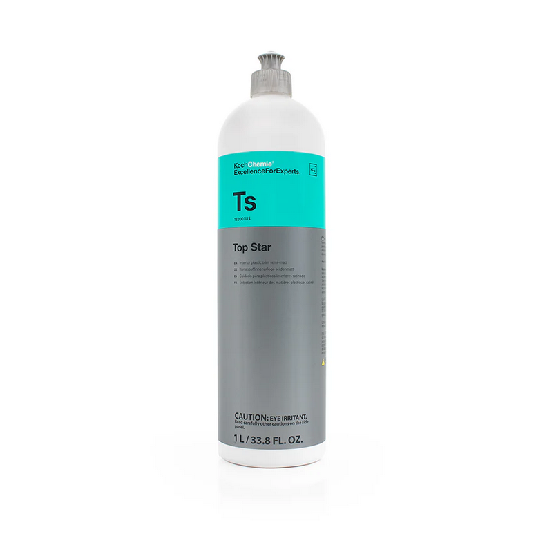 1L Koch-Chemie TS Top Star, a premium care emulsion for deep pore cleaning and freshening plastic and rubber parts.