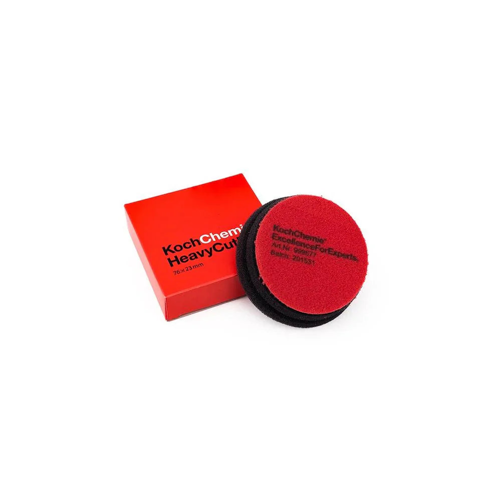 3-inch Koch-Chemie Heavy Cut Pad, high-abrasion foam designed to remove deep scratches and heavy paint defects effectively.