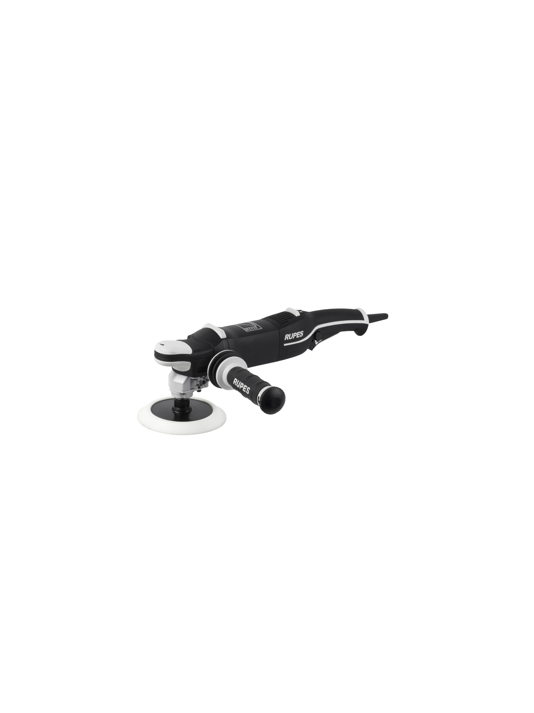 RUPES Bigfoot LH19E shown with anti-vibration side handle, attachable on either side for user comfort.