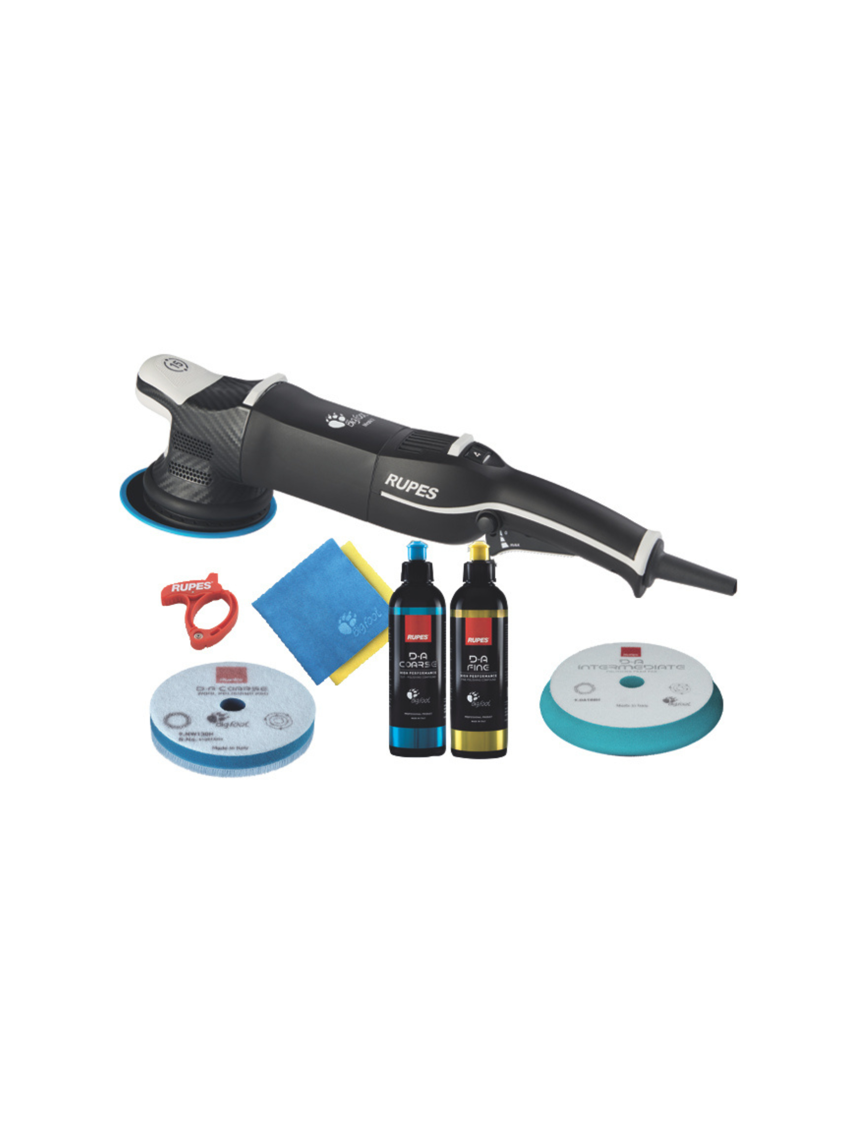 RUPES BigFoot LHR15 Mark V Basic Kit shown with included polishing pads and compounds.