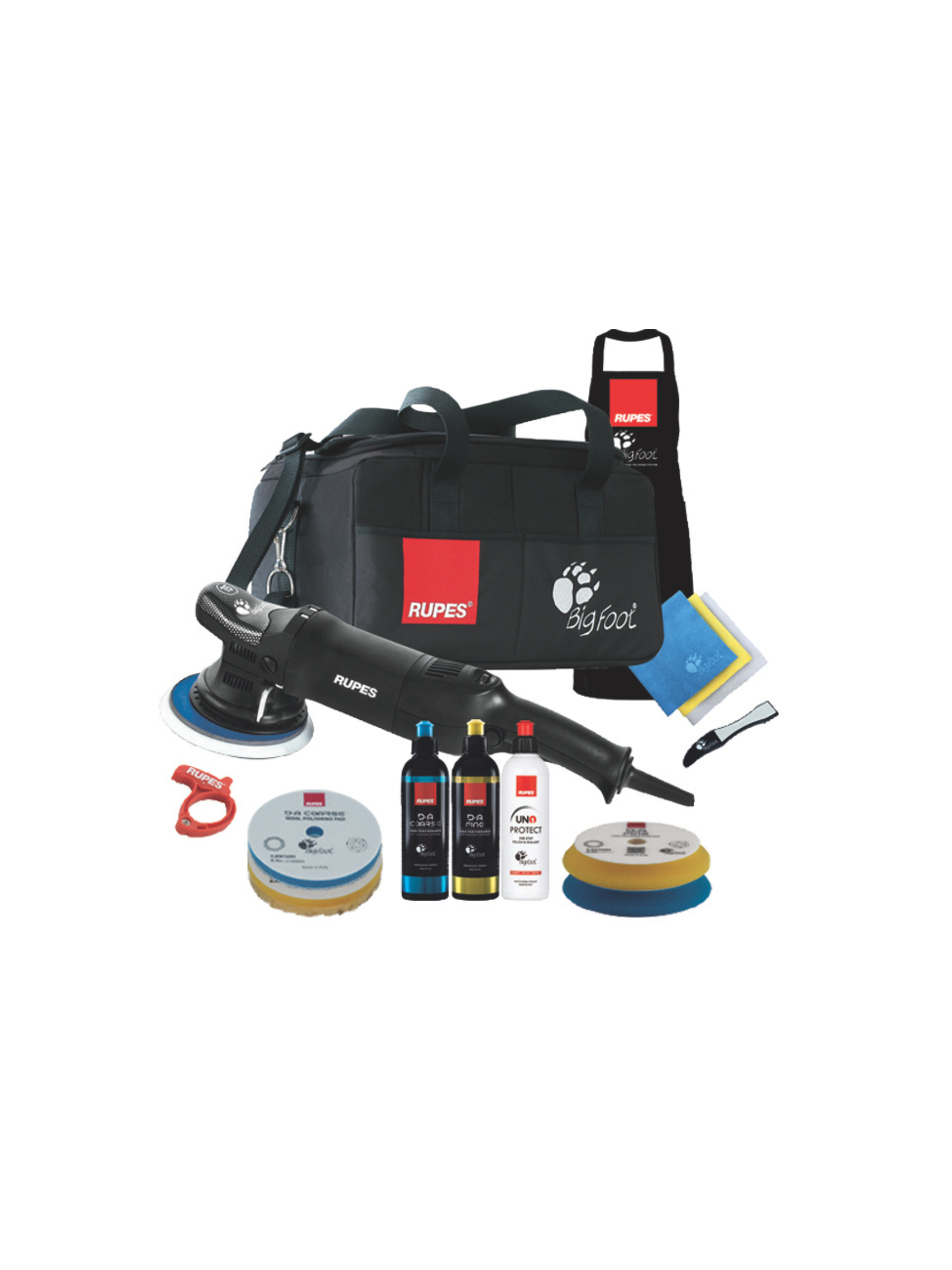 Kit with RUPES Bigfoot LHR15ES shown with included polishing compounds, pads, additional tools, and a BIGFOOT tools bag.
