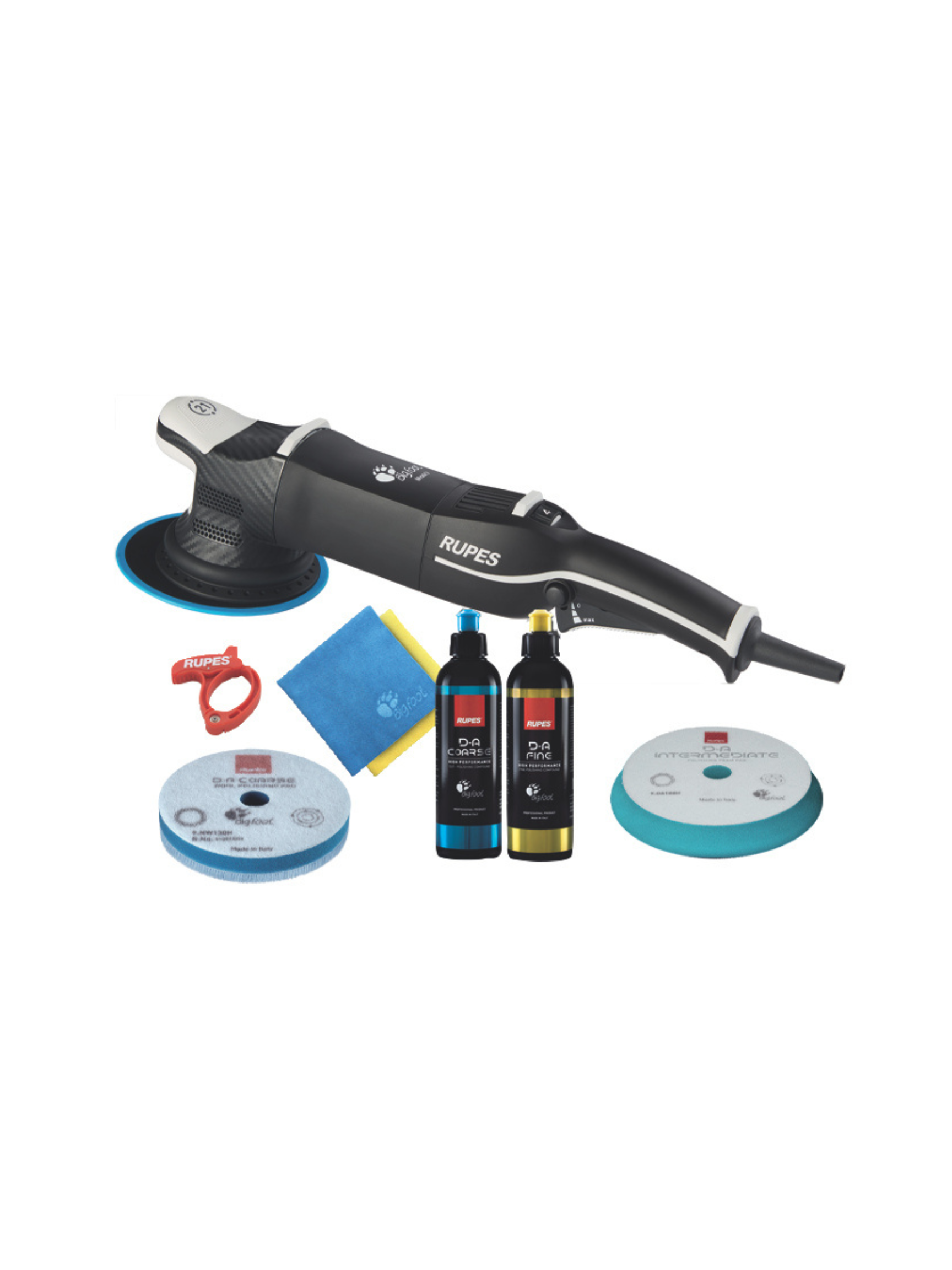 RUPES BigFoot LHR21 Mark V Basic Kit shown with included polishing pads and compounds.