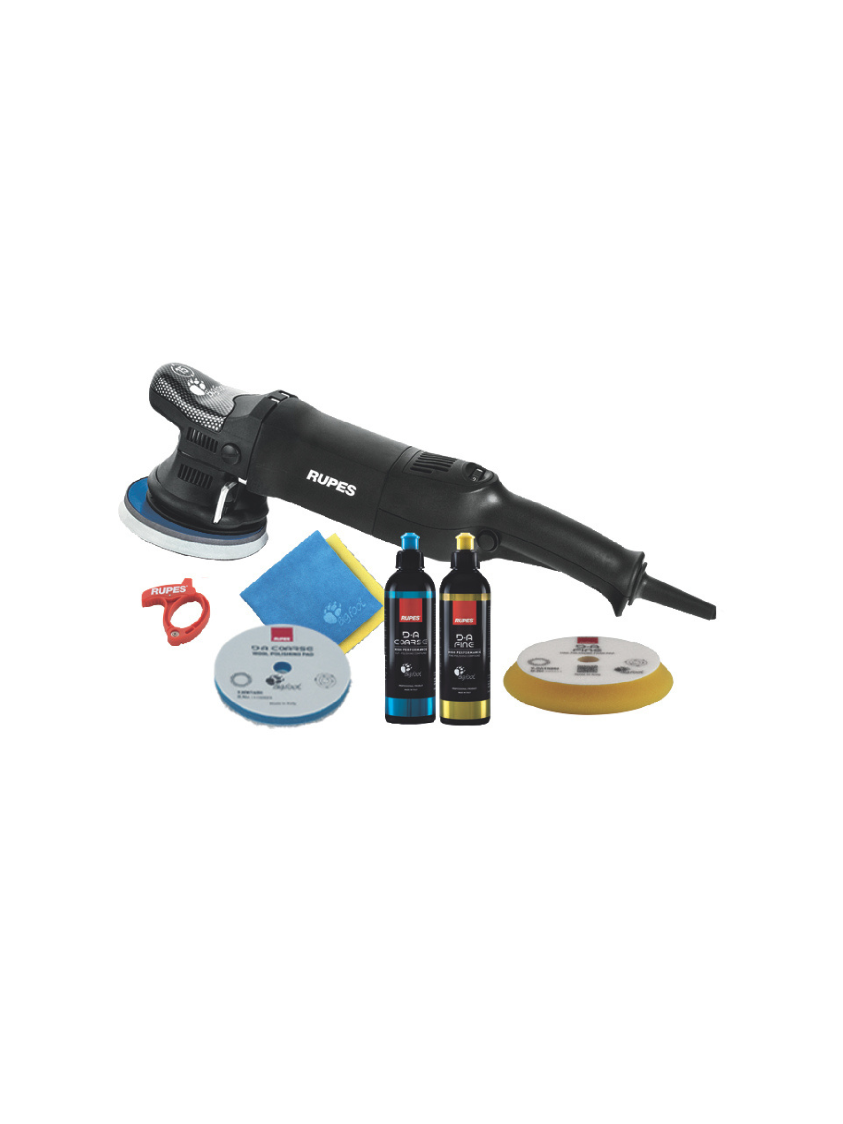 Base kit of RUPES Bigfoot LHR21ES shown with included compounds, pads, and microfiber cloths.