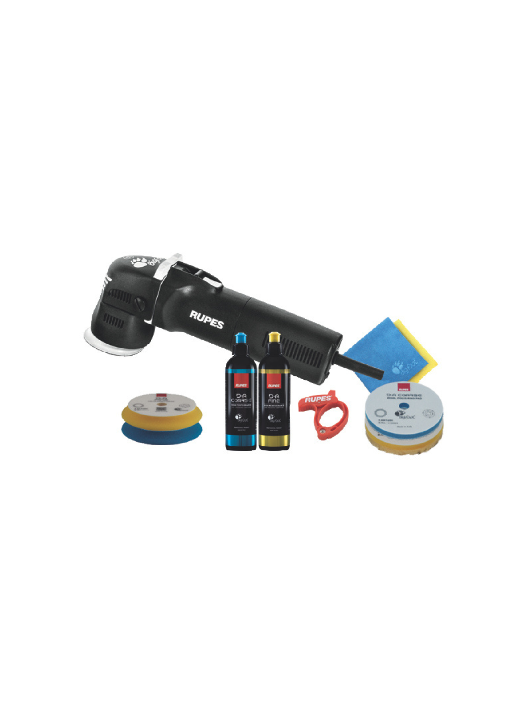 Base kit of RUPES Bigfoot Mini LHR75E shown with included polishing compounds and pads.