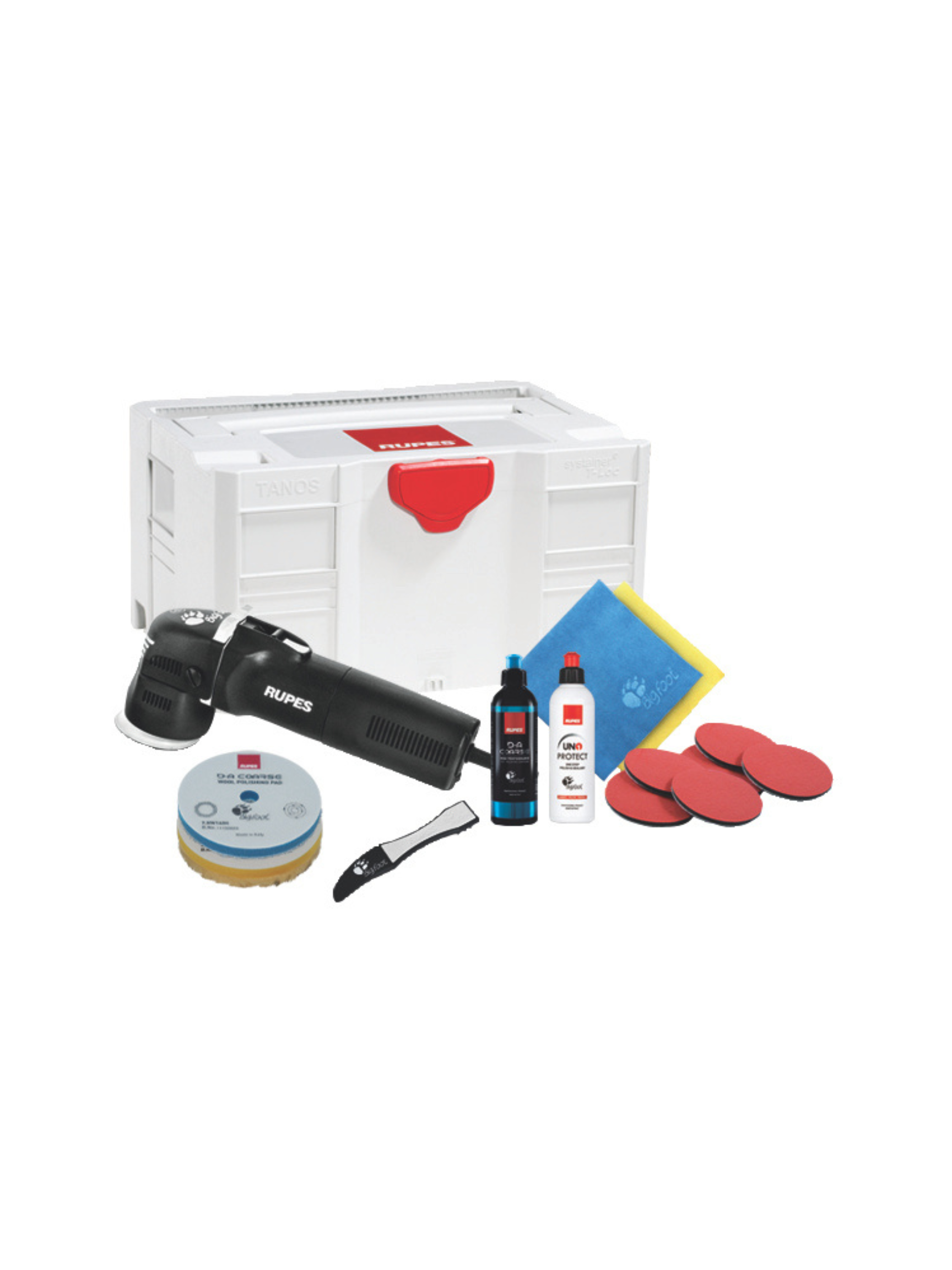 Kit with RUPES Bigfoot Mini LHR75E shown with included sandpaper, pads, polishes, and Systainer case.