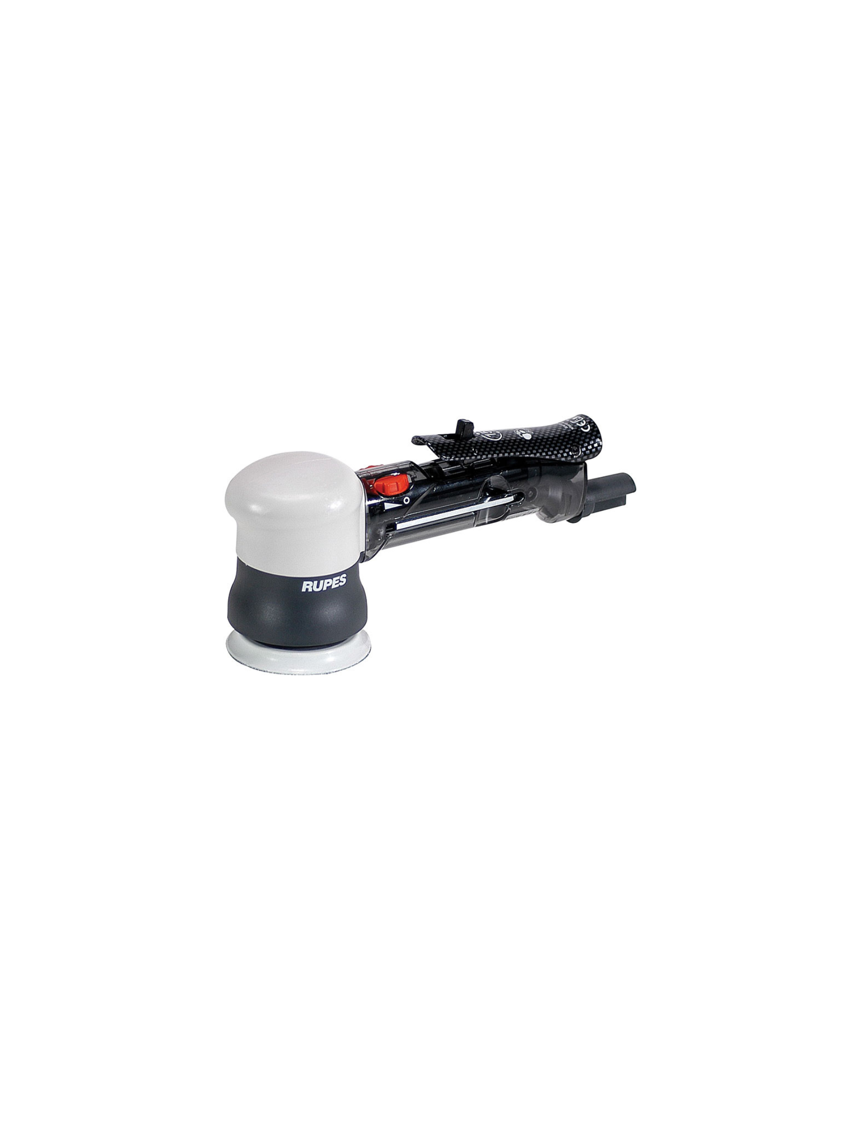 Overview of RUPES LHR75, a pneumatic mini random orbital polisher with a 15mm orbit and 3-inch backing plate.
