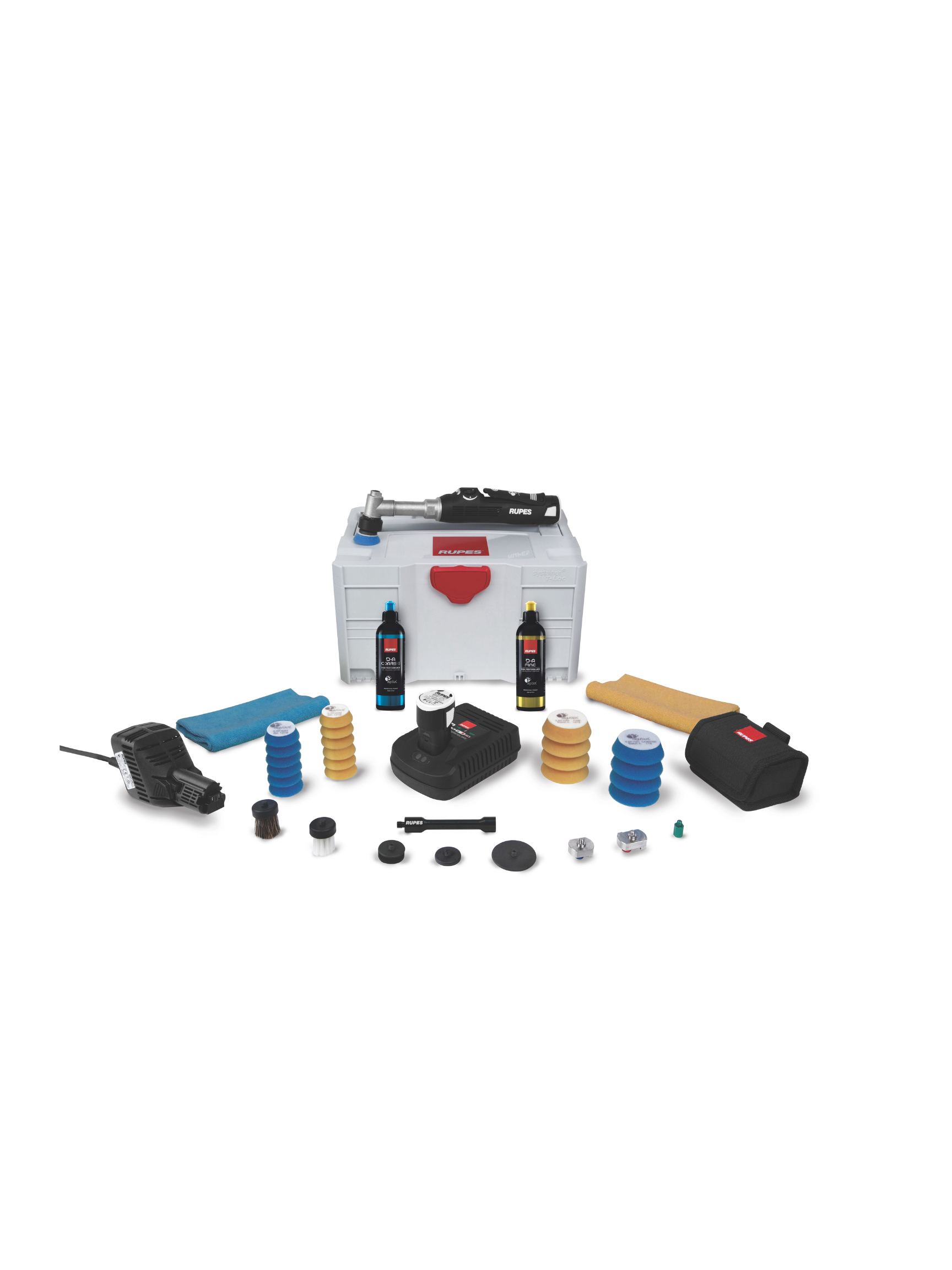 RUPES iBrid Nano Long Neck kit shown with included pads, adapters, batteries, charger, and Systainer case.
