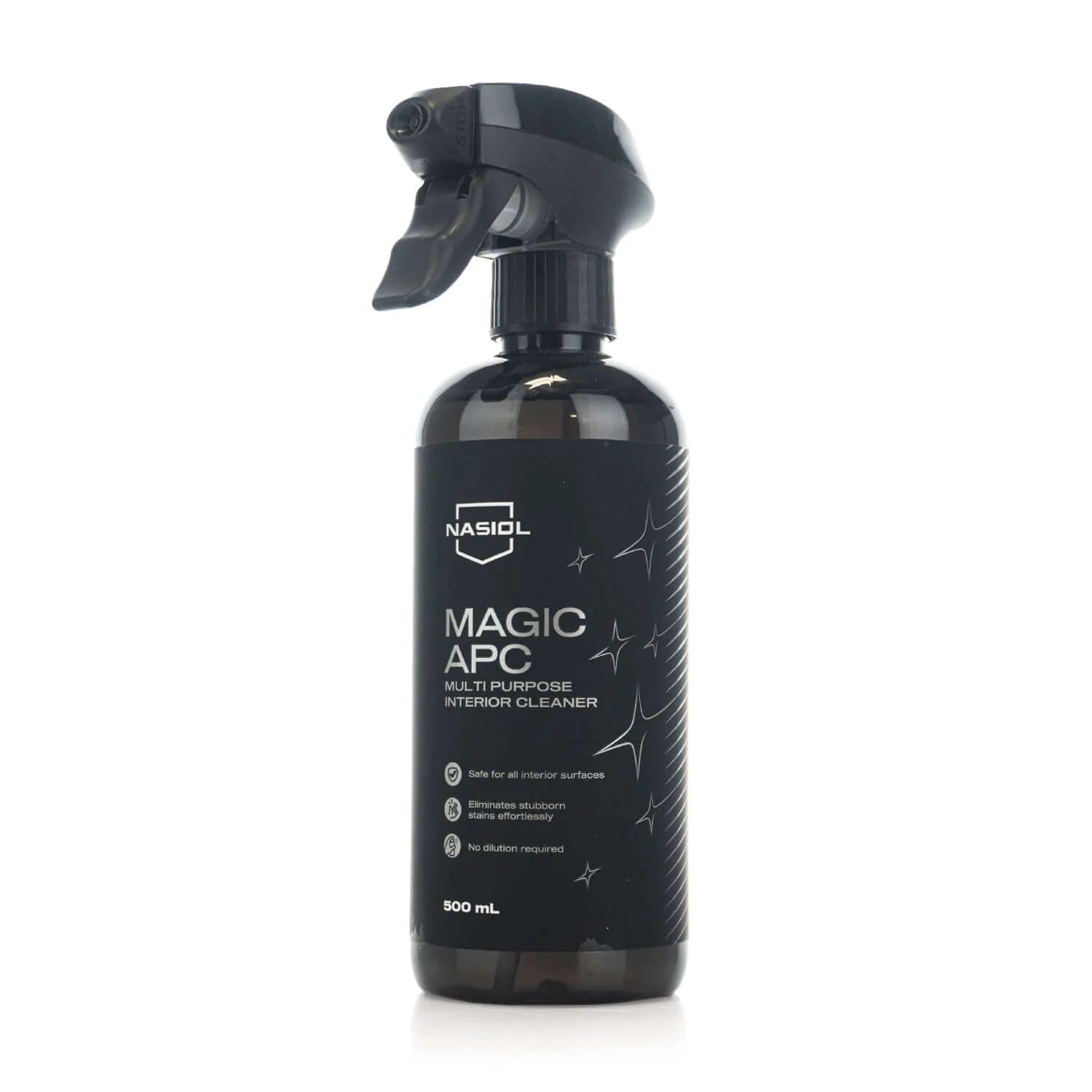 Bottle of Nasiol Magic APC, an all-purpose interior cleaner for removing dirt and stains from car interiors.