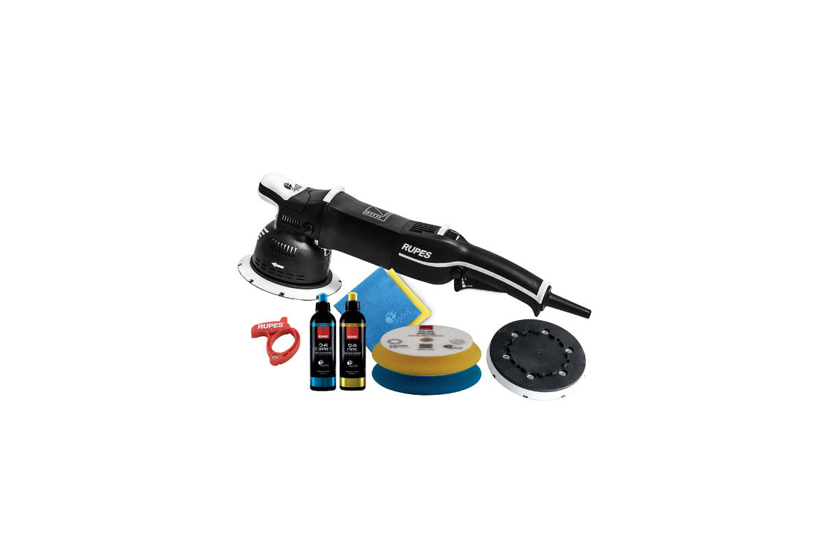 Base kit of RUPES Bigfoot Mille LK900E, shown with included pads and polishing compounds.
