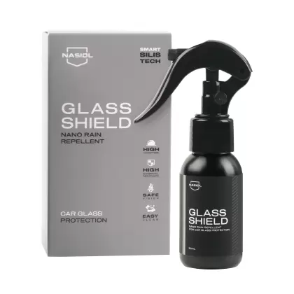 Nasiol GlassShield, a nano coating for glass that provides long-lasting water repellency and improved visibility in wet conditions.