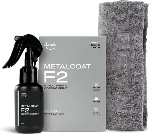 Nasiol MetalCoat F2 spray-on nano coating offers instant gloss, water repellency, chemical resistance, and 6-12 months protection.