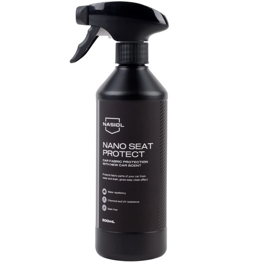 Bottle of Nasiol Nano Seat Protect, a nano coating that protects car seats from stains, spills, and everyday wear.