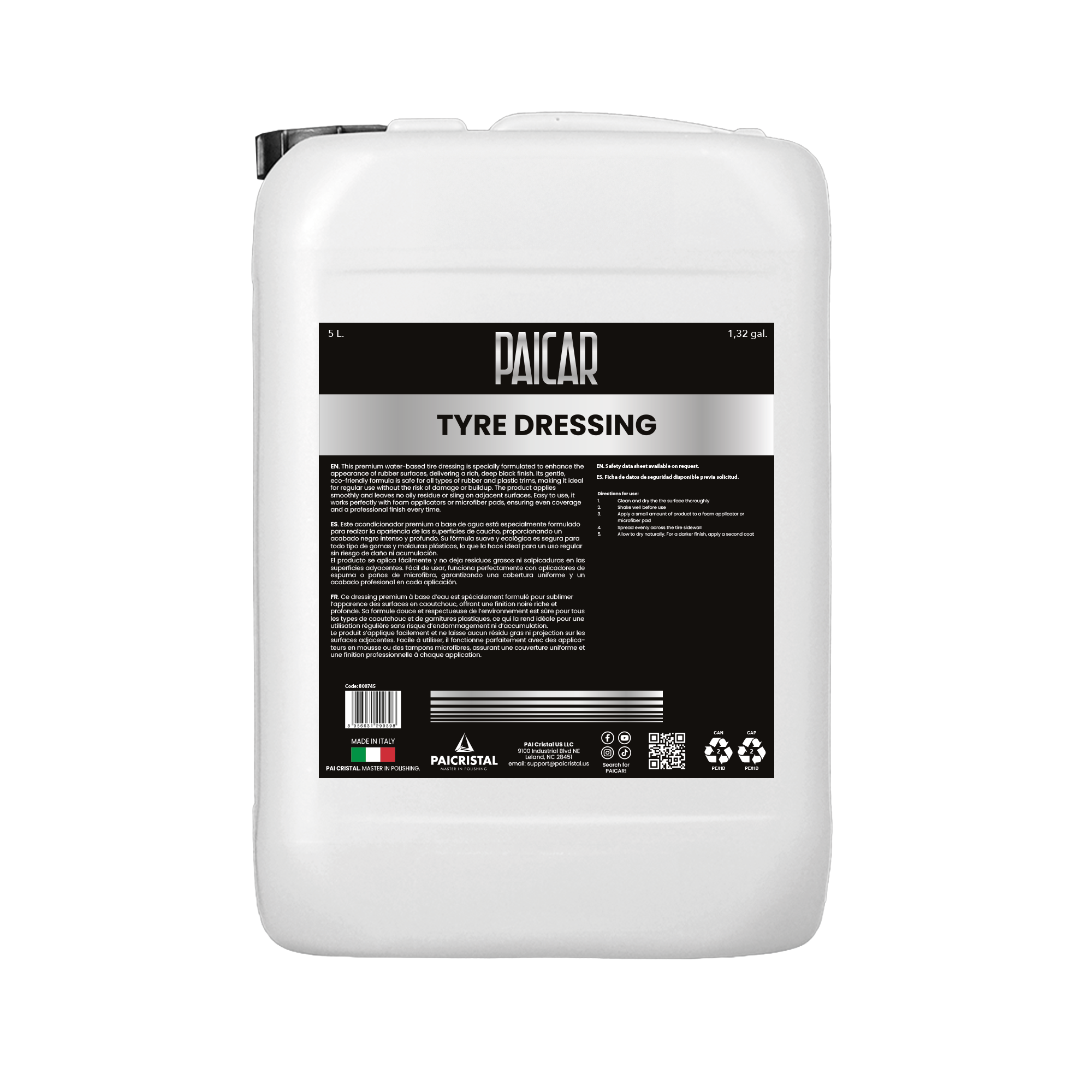 PAICAR TYRE DRESSING 5LT 1_32GAL in a white container on a white background