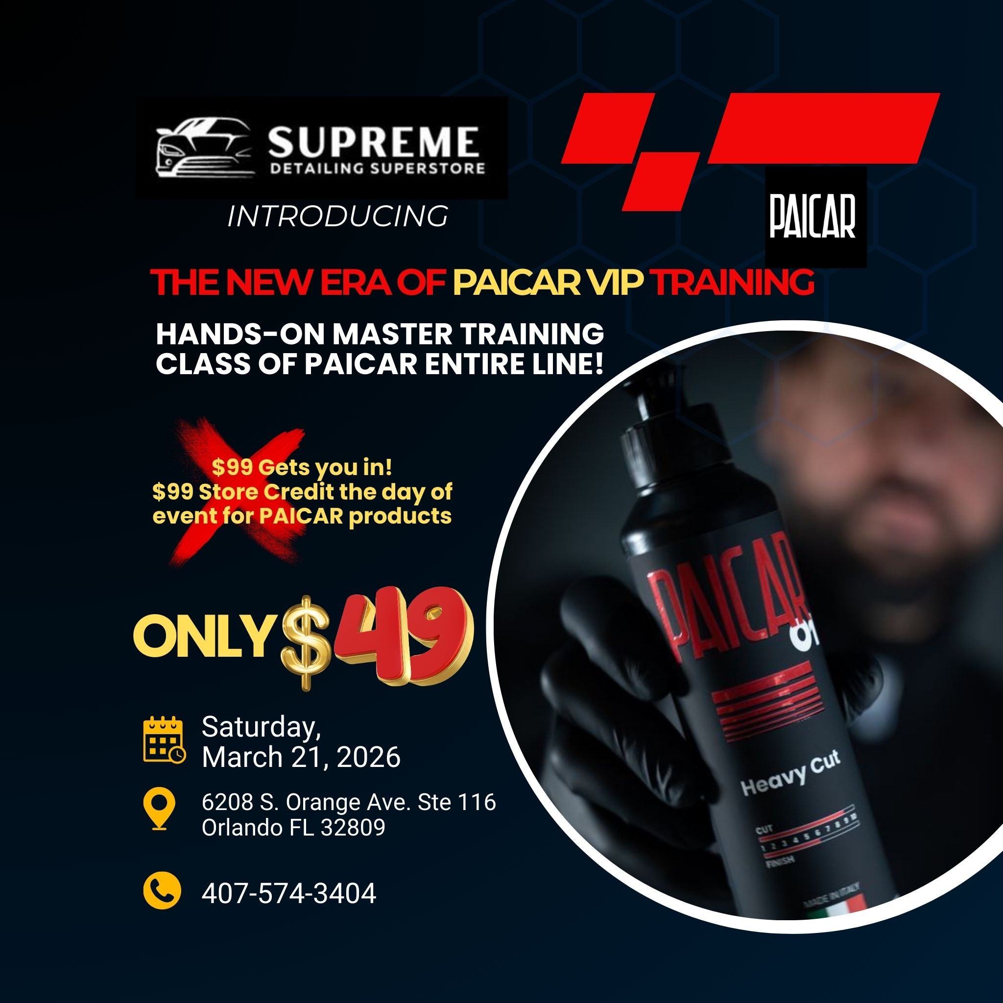 Advertisement for Paicar VIP training event with a bottle of Paicar product on a dark background.