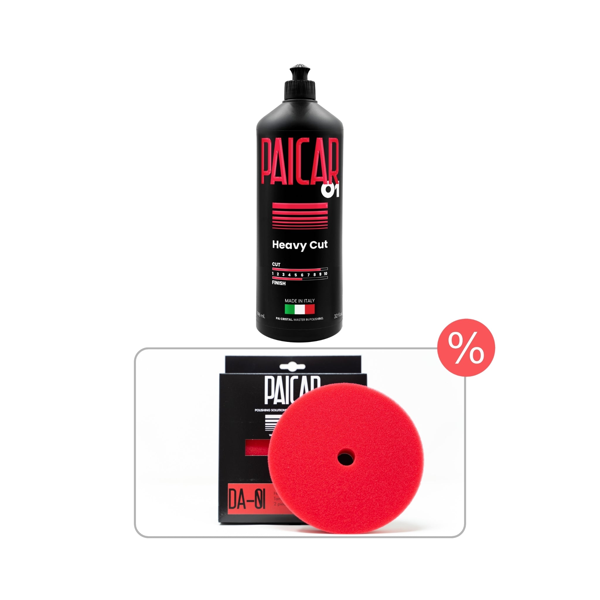 PAICAR 01 Bundle with 01 Heavy Cut Polishing Compound and matching DA-01 pad for the removal of severe paint defects.