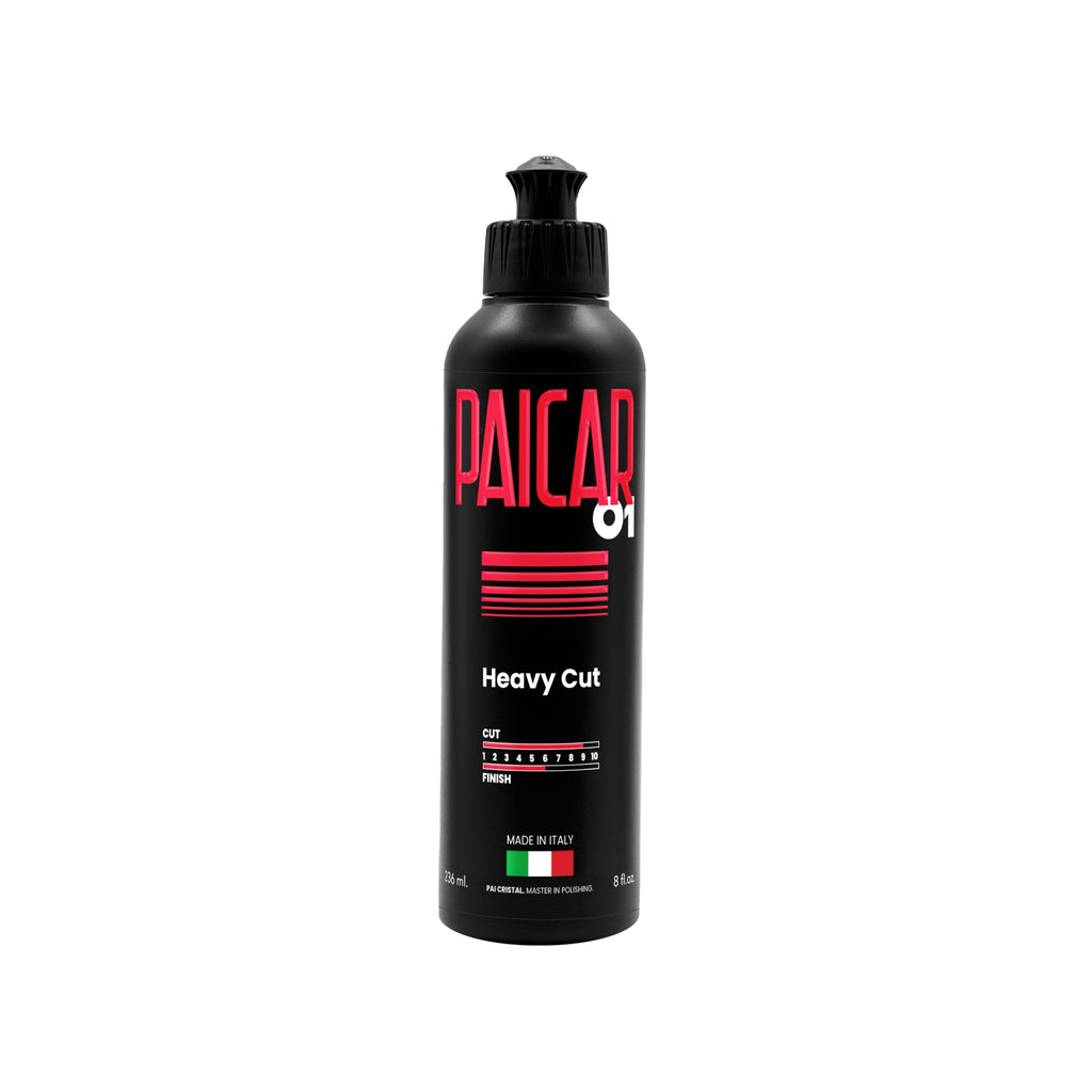 8 oz bottle of PAICAR 01 Heavy Cut Polishing Compound with a water-based and silicone-free formula.