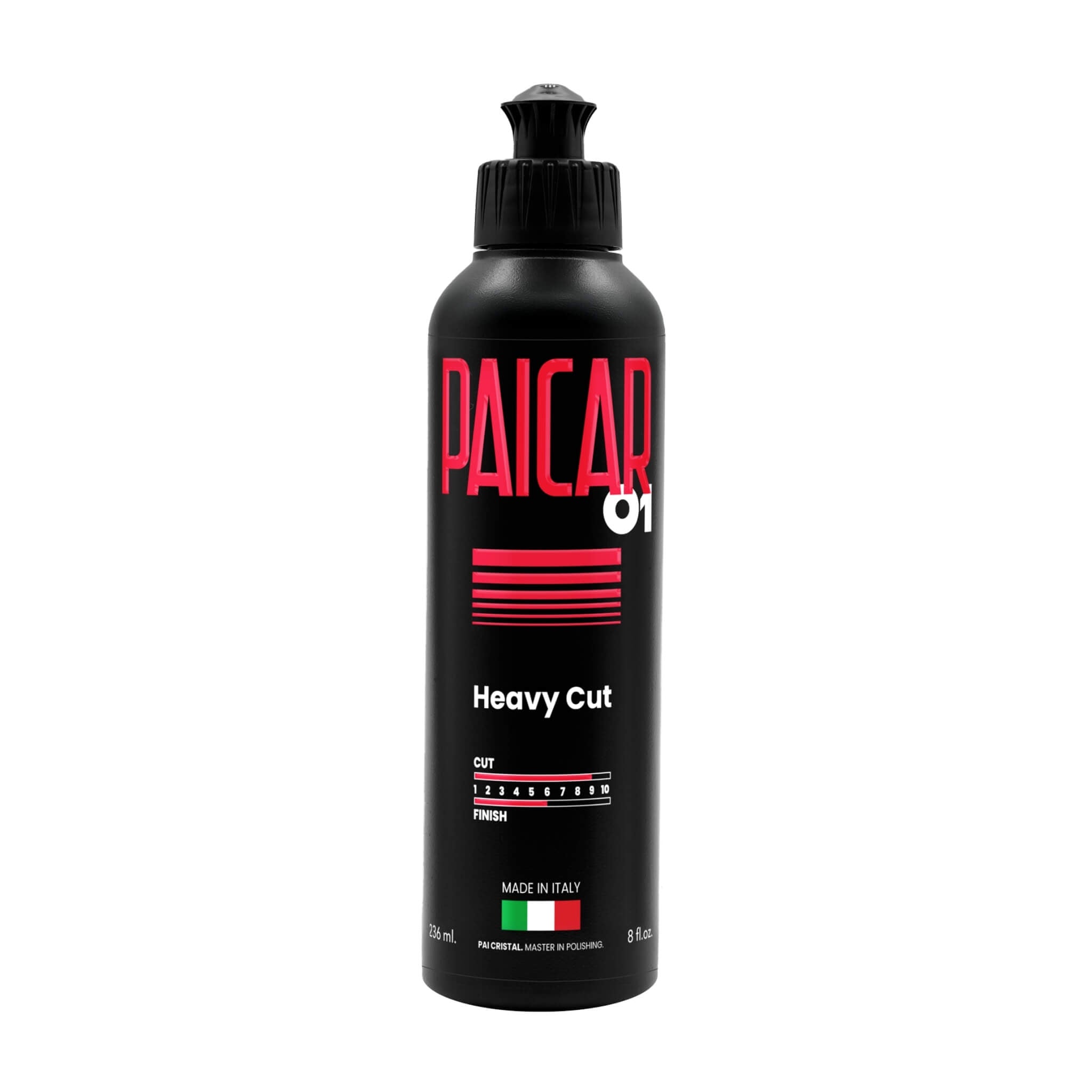 8 oz bottle of PAICAR 01 Heavy Cut Polishing Compound with a water-based and silicone-free formula.